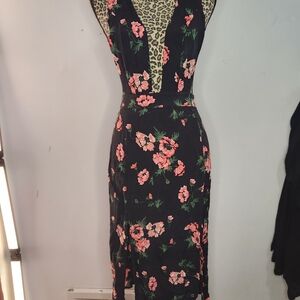 Topshop Black Midi Dress with Pink Floral Print and Deep V Neck